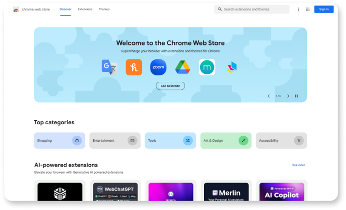 Страница с рекомендациями в интернет-магазине Chrome