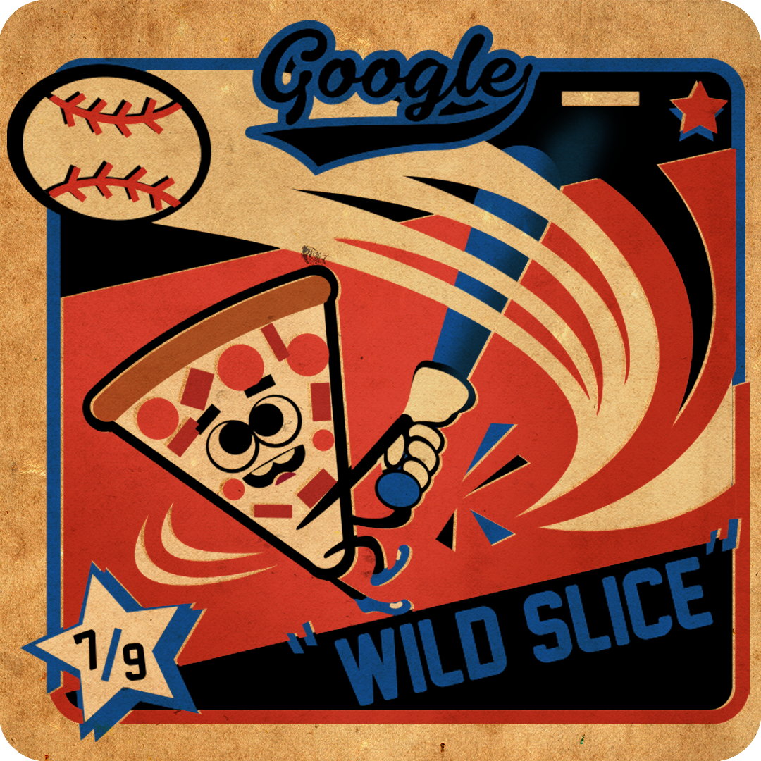 Illustration of a personified pizza batting at a baseball with the Google logo overhead