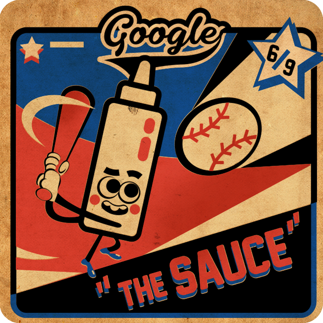 Illustration of a personified ketchup bottle batting at a baseball with the Google logo overhead