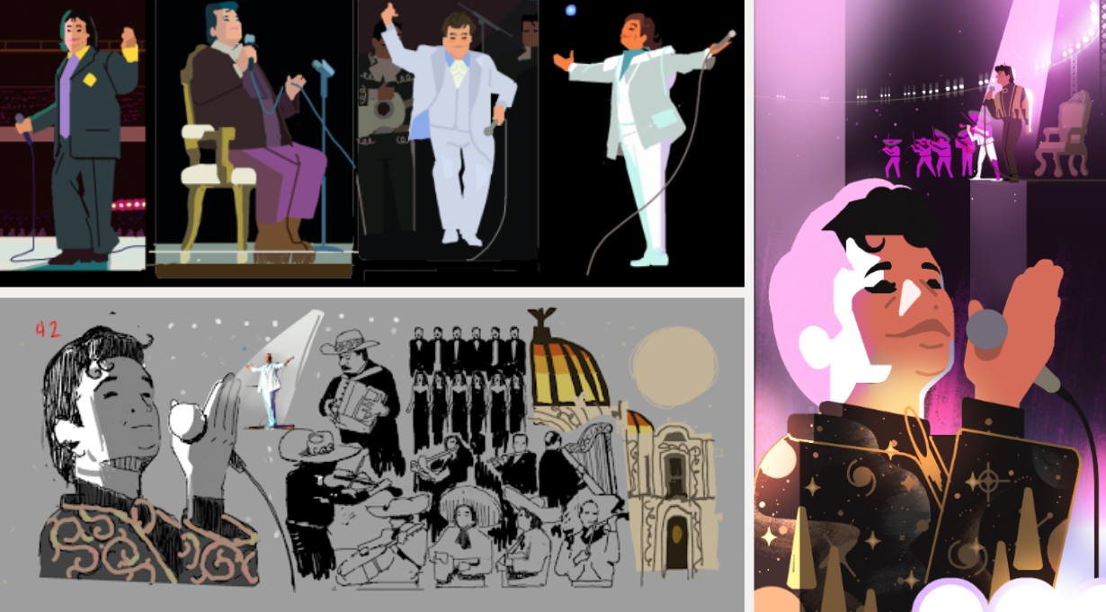 Colorful illustrations of the Juan Gabriel video