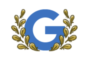 Blue illustration of the letter G with gold feathers surrounding the letter