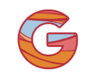 Colorful illustration of letter G with red lines filled with the colors orange, coral, and blue.