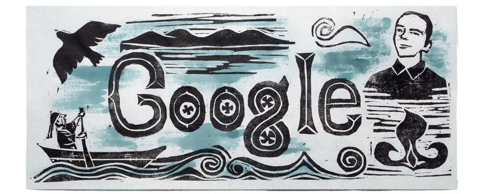 Illustration of the Google logo with symbols surrounding including water, mountains, a bird, fire, and a man