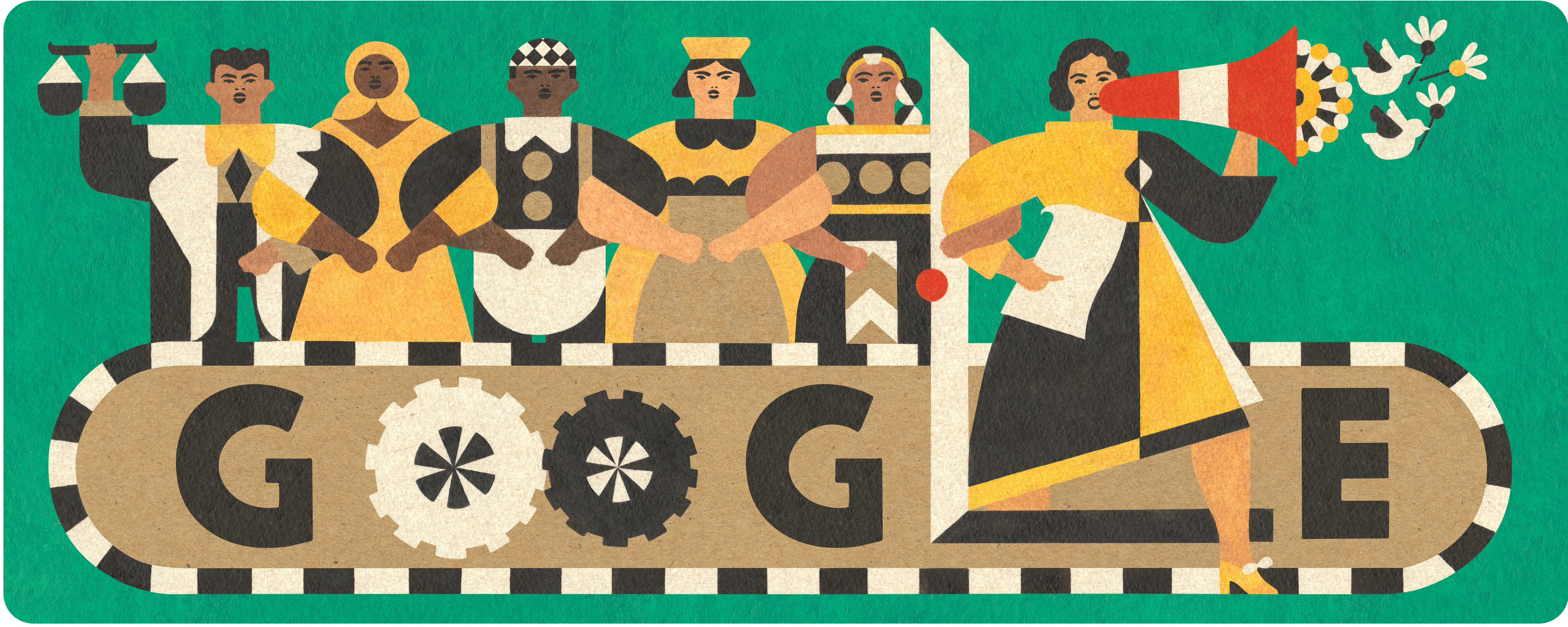 A colorful illustration of Luisa Moreno stepping through a door, speaking into a megaphone next to a group of people linking arms. The Google logo sits beneath and the two O's are replaced with industrial wheels.