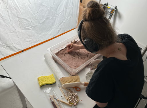 Illustration of a woman wearing black headphones carefully sketching the fossil placement. She is wearing a black shirt, her hair is in a high bun, and is sitting at a table. There are brushes, sponges and napkins on the table.