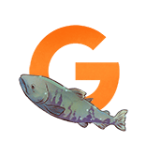 Orange illustration of the letter G with a fish.