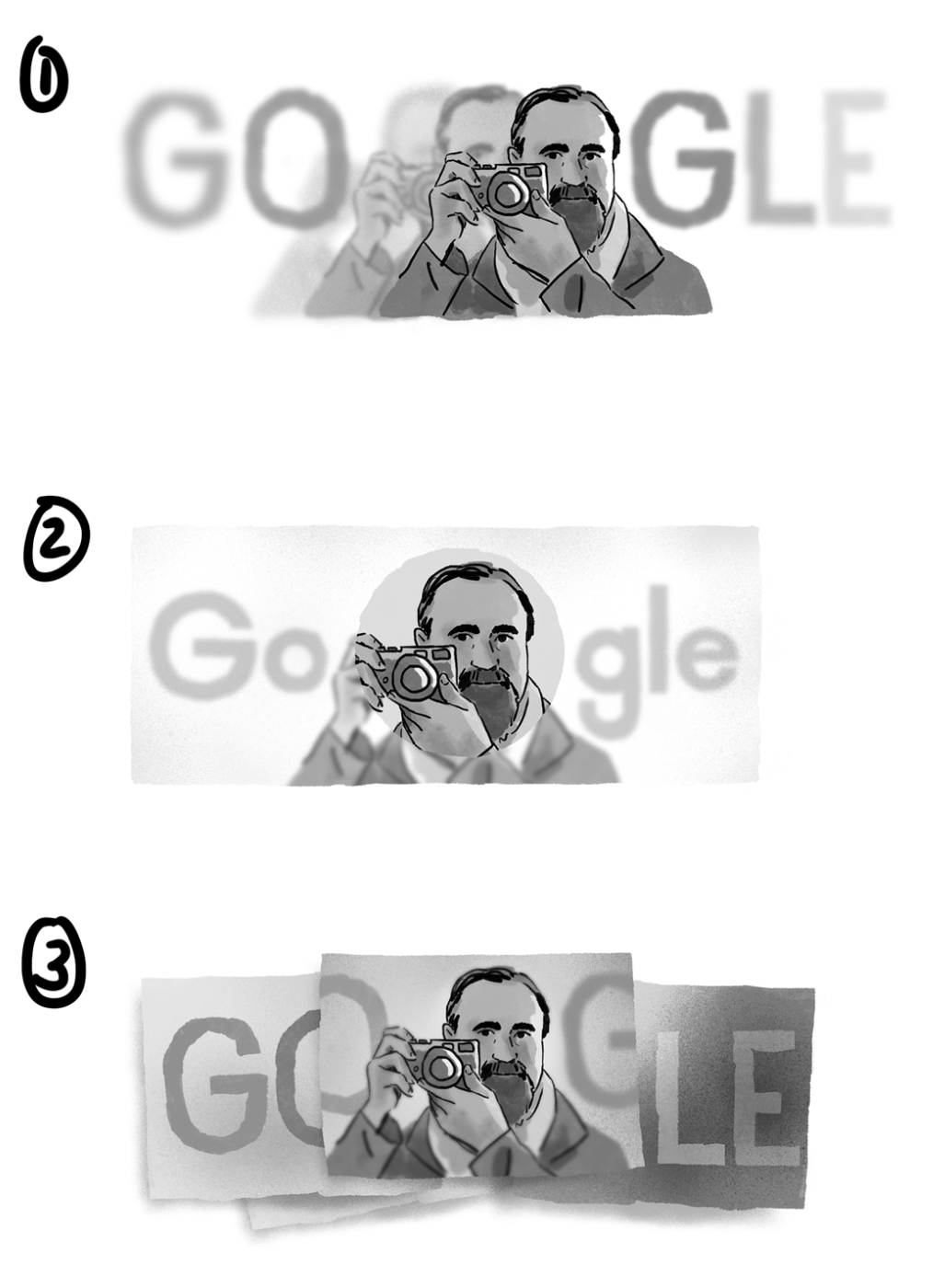 Three black and white illustrations of Abbas Attar with the Google letters labeled one through 3