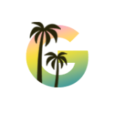 Colorful illustration of the letter G with two palm trees