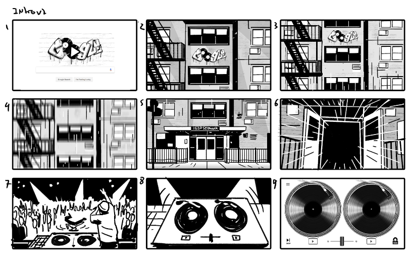 Storyboard with 9 small black and white frames depicting Doodle imagery 
