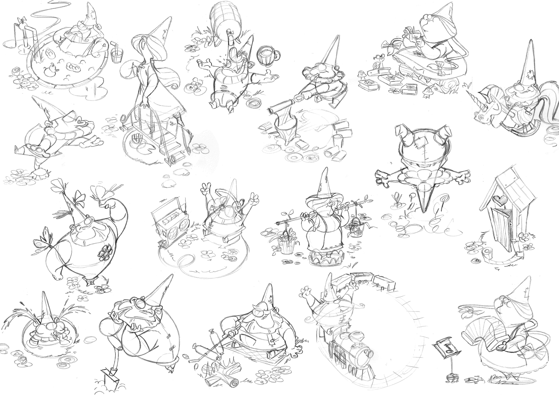 Black and white sketches of different gnomes in various humorous poses