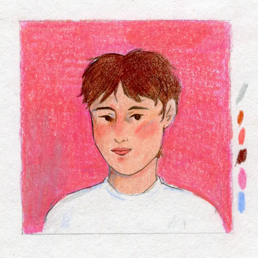 Pencil sketch of a white person with red hair and a white t-shirt and a pink background