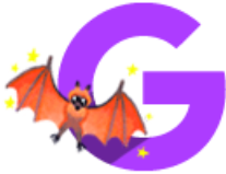 Illustration of the letter G with a orange animal bat on the bottom left corner of the G and yellow stars around its wings