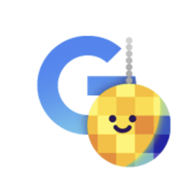 Illustration of the letter G with a smiling disco ball.