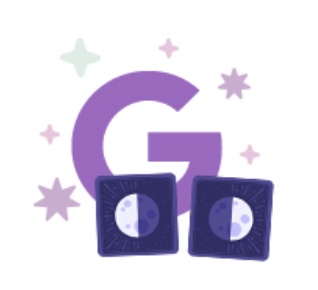 Illustration of the letter G with stars around and two half Moon cards on the bottom.