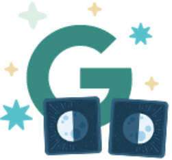 Illustration of the letter G with stars around and two half Moon cards on the bottom.