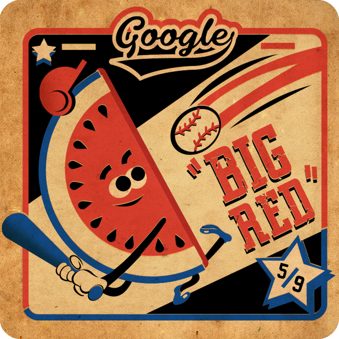 Illustration of a personified watermelon batting at a baseball with the Google logo overhead