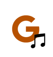 Brown illustration of the letter G with a music note symbol