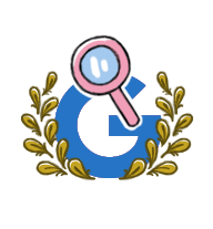 Blue illustration of the letter G with a pink magnifying glass and feathers surrounding the letter 