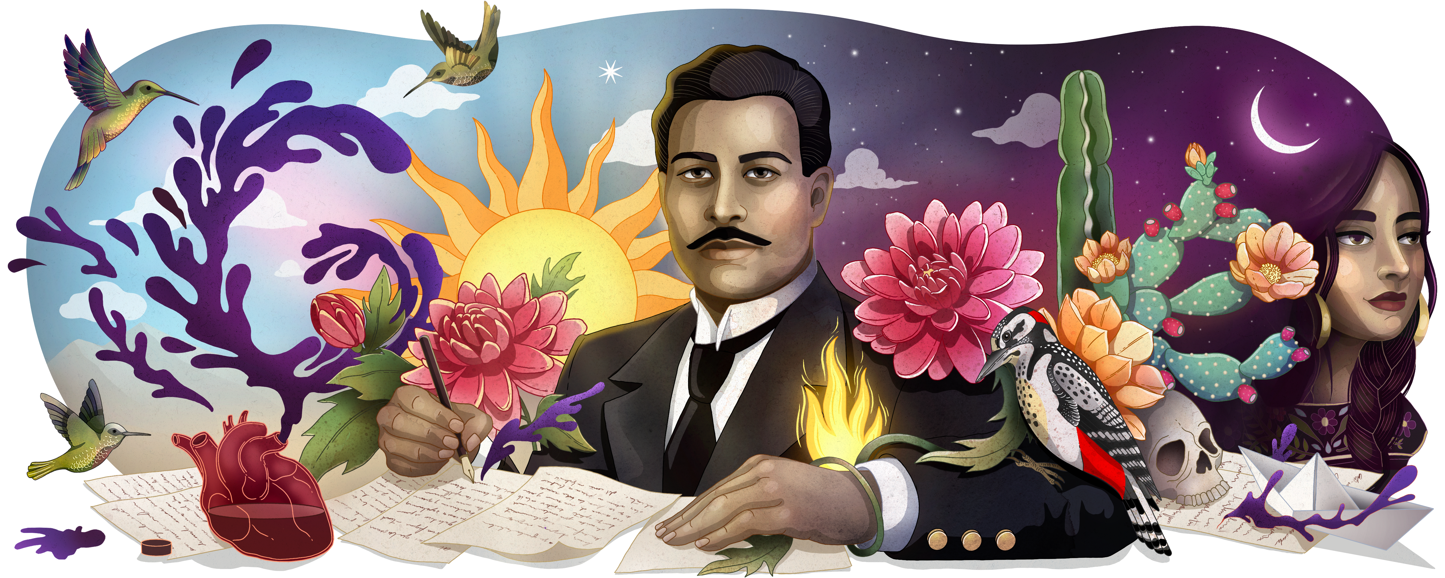 Digital illustration of Ramon Lopez Velarde in the center of the Doodle, writing on a piece of paper with an ink pen. He has olive skin, short black hair, dark brown eyes, and a black mustache. He has a serious look on his face and is wearing a black blazer and tie and a white collared shirt. The Google logo is spelled out around him with various different objects. The G is a purple ink spill coming out of a heart and surrounded by green hummingbirds. The O is a yellow and orange sun and pink flower. The G is a pink flower and black and white bird with a red belly. The L and E are green cacti. There is a woman with long black hair and hoop earrings on the far right of the illustration and she has the night sky and moon above her. 