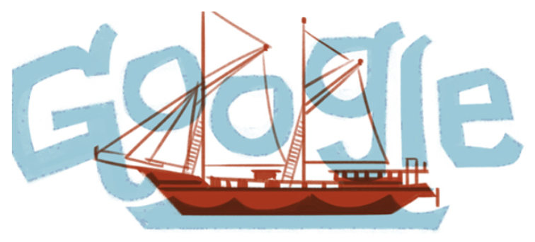 Illustration of the Google logo in light blue with a red sailboat in front.