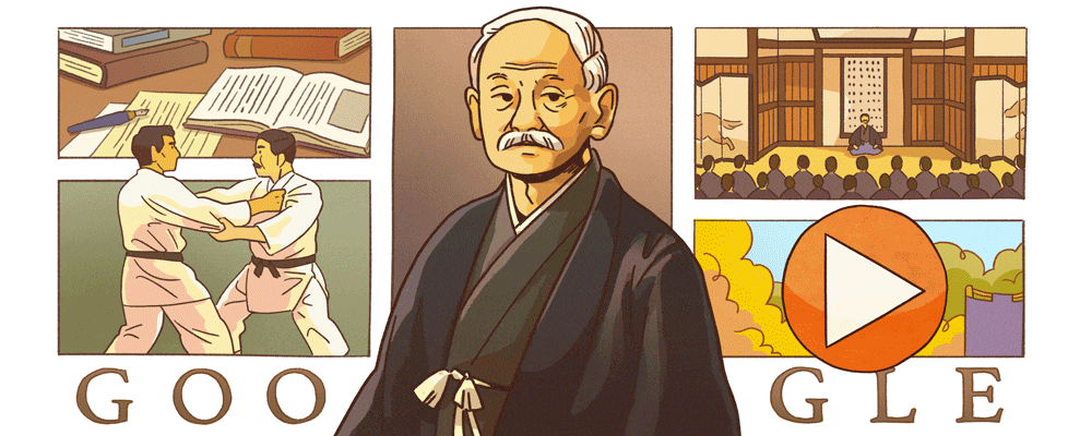 Illustration of an older Asian man with white hair along with the Google logo. Multiple scenes are depicted in the background including karate, books, and a teaching scene. A large play button is on the bottom right.