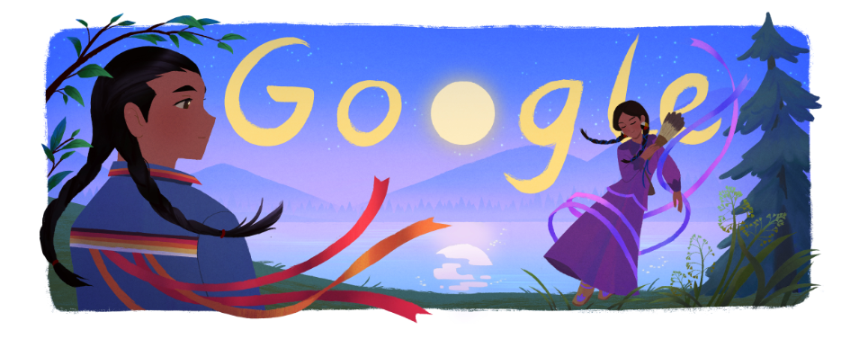 Colorful illustration of two Indigenous people dressed in ribbon skirts and ribbon shirts at a lake at night with the Google letters incorporated into the background with the second O being the moon.