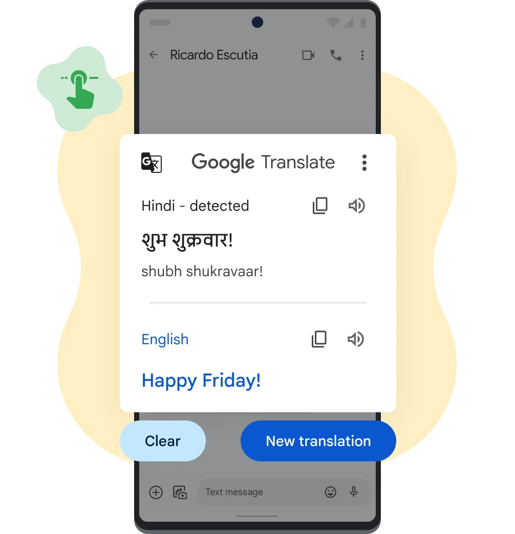 Chiếc điện thoại thông minh Pixel đã cho chúng ta thấy tính năng Nhấn nhằm dịch của Google Dịch với những hình tượng tương hỗ và hình khối minh hoạ