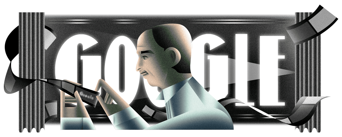 Illustration of Emerson Romero holding a film strip in front of a large movie screen with the white Google letters projected. Romero is illustrated in profile and has short black hair, a mustache, and is wearing formal attire.