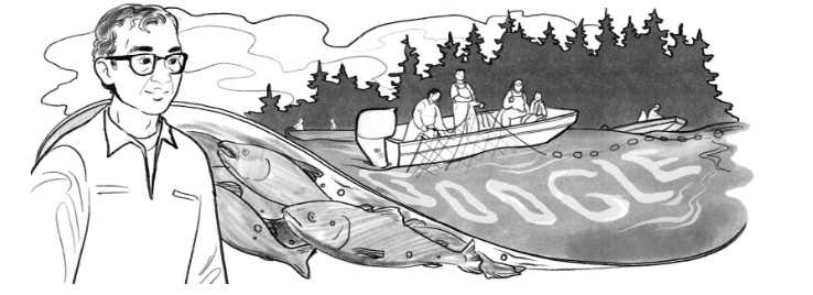 Pencil sketch of the Doodle with Hank Adams to the left of the Doodle and a school of fish to the right of him and a river with people on a boat and the Google letters incorporated into the water. 