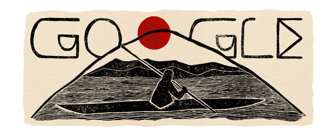 Illustration of the Google letters  drawn with simple lines, in a minimalist style. A mountain with a red sun replacing the second "O"  is drawn below the letters. In the foreground is a lake with a black silhouette of a person kayaking and holding a paddle.