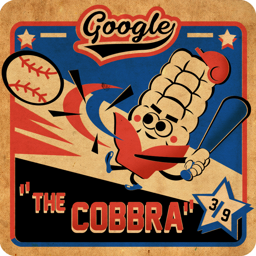 Illustration of a personified corn on the cob batting at a baseball with the Google logo overhead
