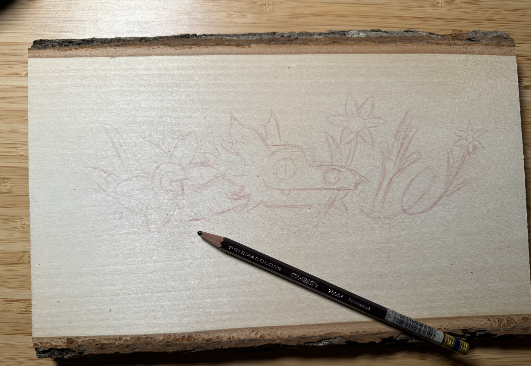 Wood slab with a sketch on it's surface and a pencil atop