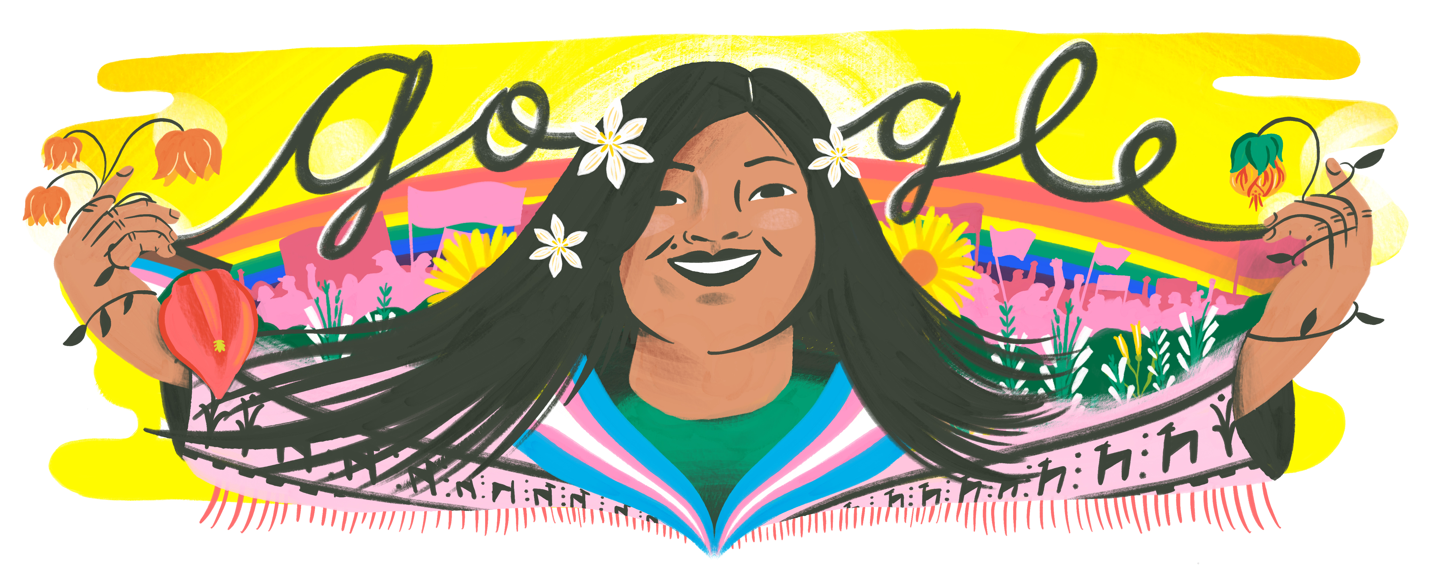 illustrated portrait of Diana Sacayán from the chest up, with both of her arms extended out to the sides. She has long, striaght black hair, black eyes, and olive skin. She has a mole above her lip and is smiling with her teeth. She has white flowers in her hair and orange and red flowers in her hands. The Google logo is in black cursive letters behind her, sitting on top of a rainbow. There are more flowers and a pink silhouette of a crowd of people carrying banners behind her. She is wearing a green crew neck shirt and a pink jacket with an animal print, pink tassels all along the arm, and the collar is colored to look like the trans pride flag with light blue, pink, and white stripes.