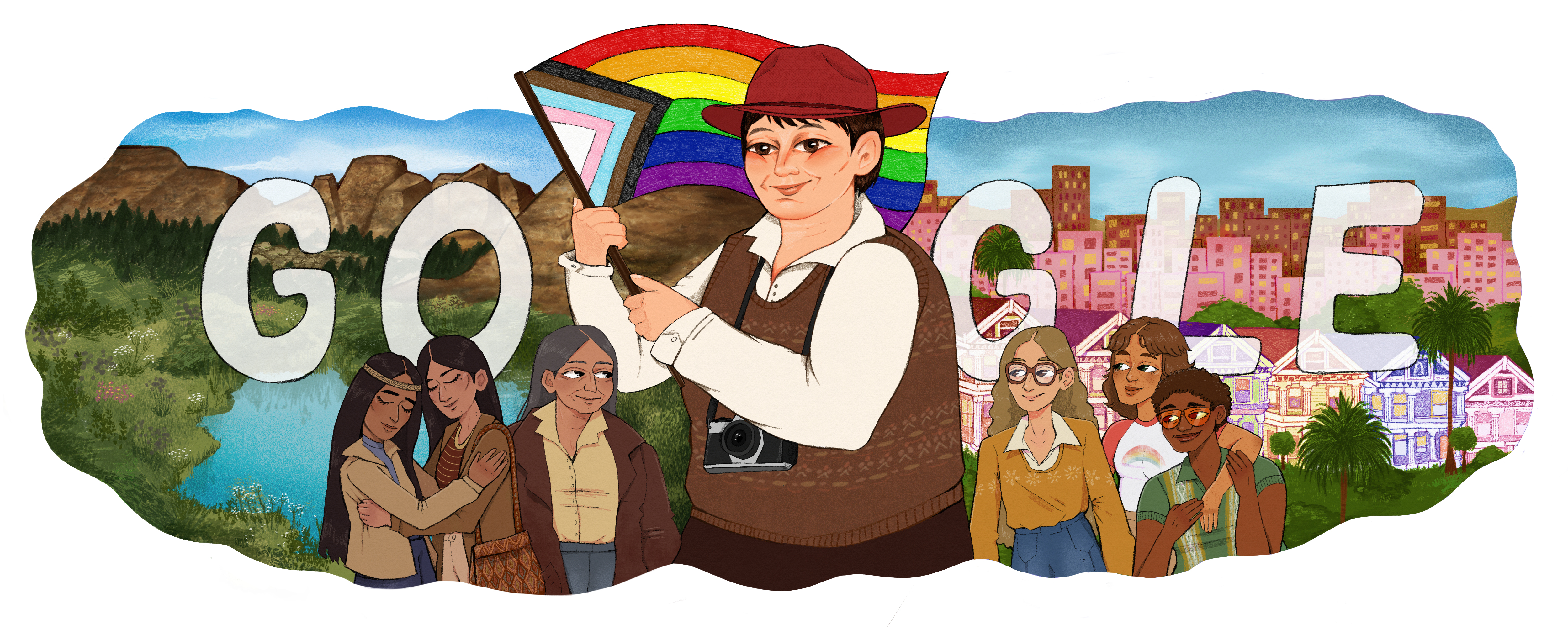 Illustration of Barbara May Cameron holding a rainbow Pride flag in front of the GOOGLE logo. Barbara has fair skin, short dark hair, and is wearing a red hat and brown vest. The backdrop consists of the San Francisco skyline with three diverse city dwellers on the right and a nature landscape with three Native American women on the left.