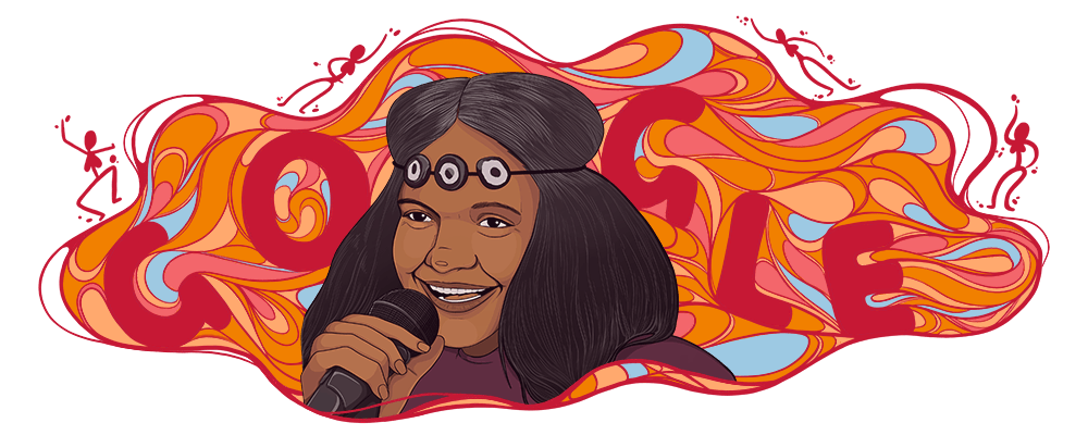 Illustration of a woman with dark skin and hair holding a microphone with the Google letters behind her.