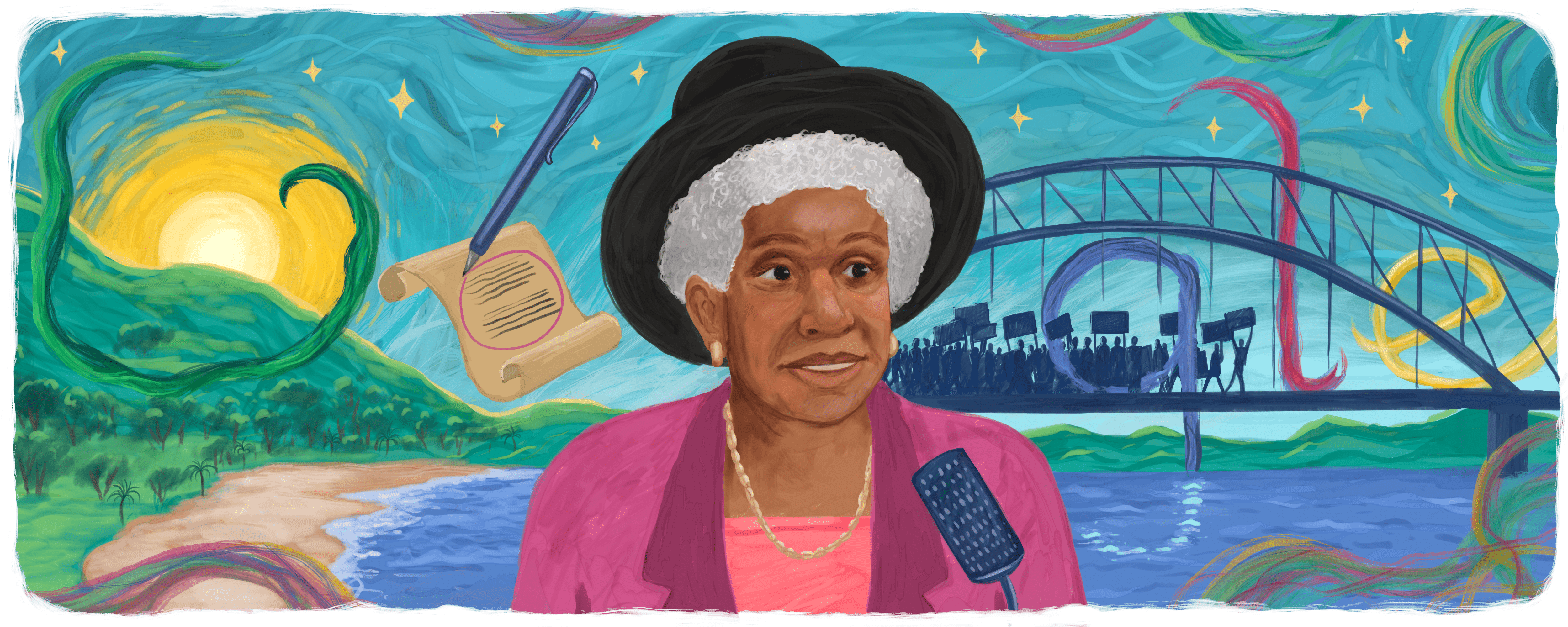 Illustration of Evelyn Ruth Scott AO standing in front of a microphone with a nature scene behind her. Evelyn has brown skin, short, gray hair, and is wearing a black hat, pink blazer, and gold jewelry. The GOOGLE logo is floating behind her abstractly incorporated into the nature scene with the first O represented by a paper and pen and the second O represented by Evelyn's head. The background is comprised of a grassy hill, the sun, and body of water with a bridge stretching over carrying silhouettes of protesters. 