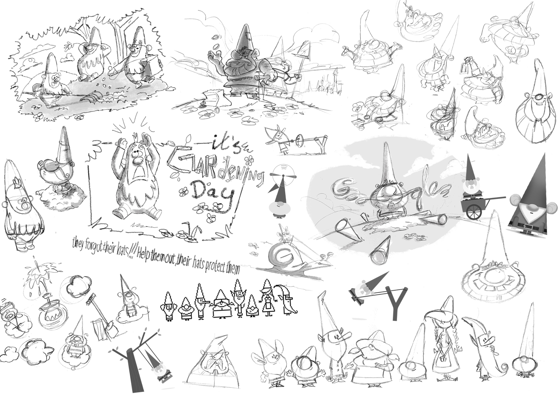 Black and white sketches of various garden gnomes and design styles