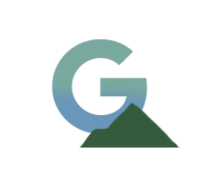 Green illustration of the letter G with a mountain 