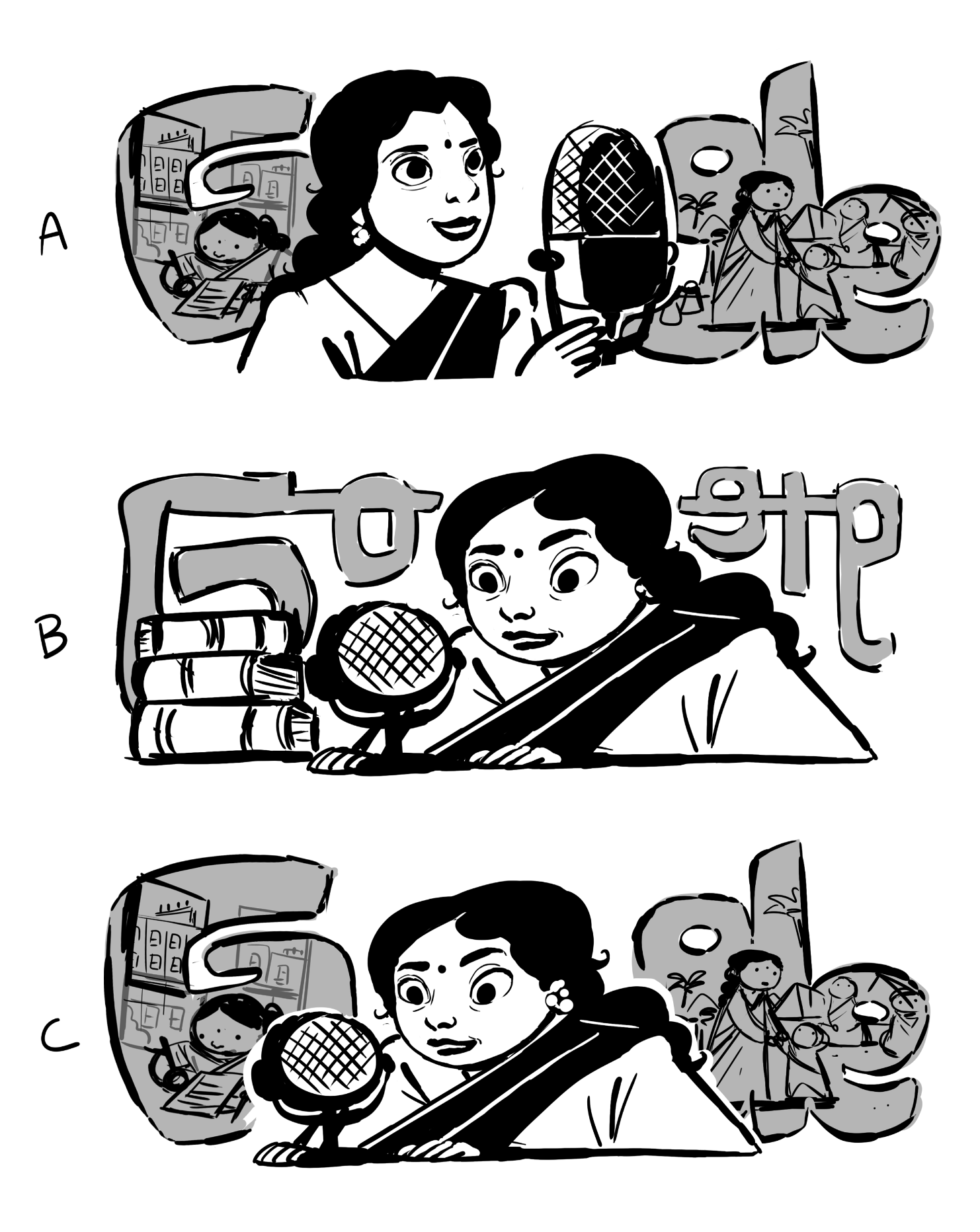 Three black and white sketches of Venu Chitale positioned with a microphone and the Google logo. The sketches are arraigned vertically labeled A through C. 