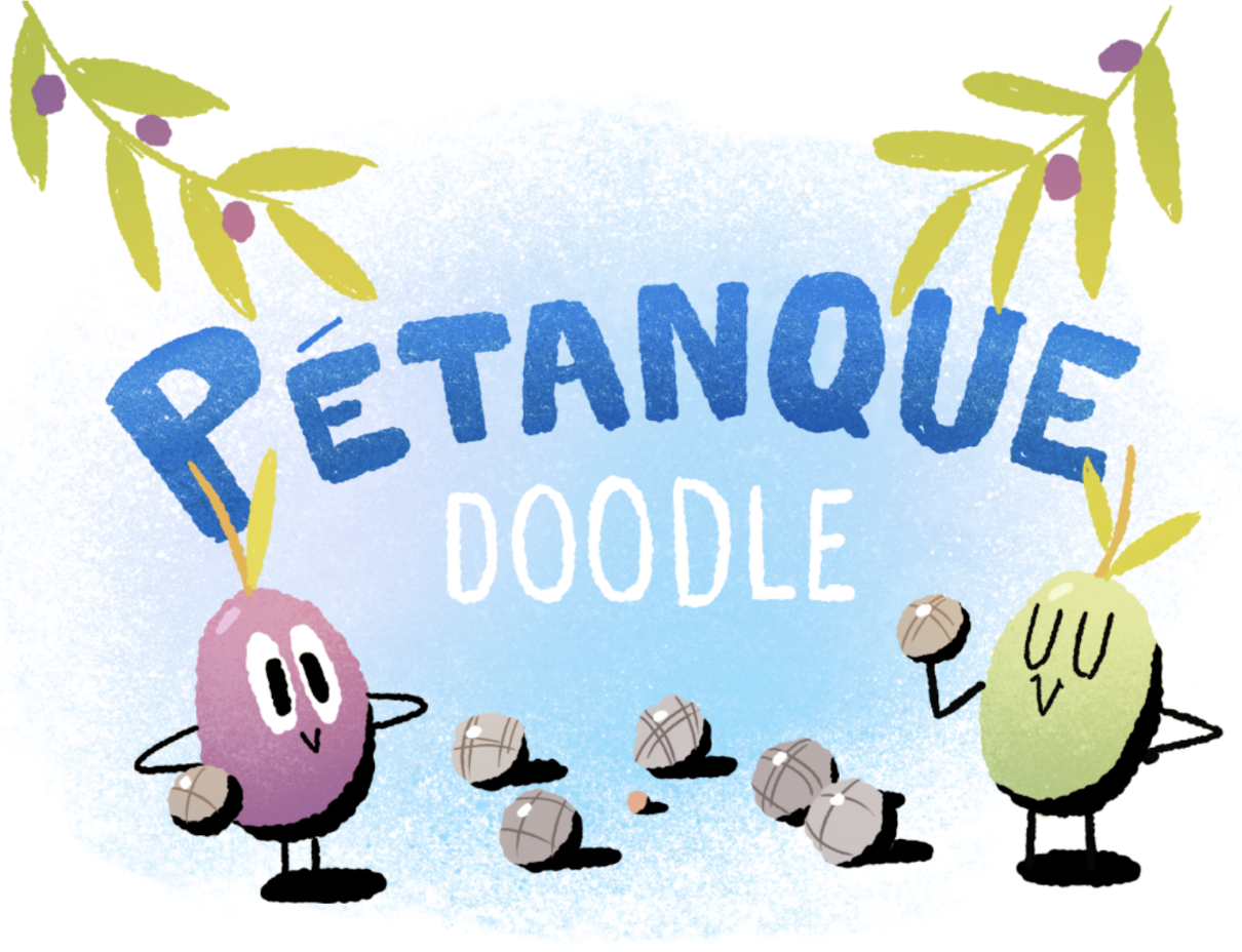 A personified purple olive (left side of frame) stands with hands on hips smiling at their opponent—a personified green olive (right side of frame) standing with its eyes playfully closed, smile on face, one hand on hip and the other holding a boule. The words “Pétanque Doodle” are in the background across a blue sky with two olive branches peeking down from the top corners.