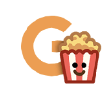 Illustration of the letter G with a personified popcorn bucket beside it.