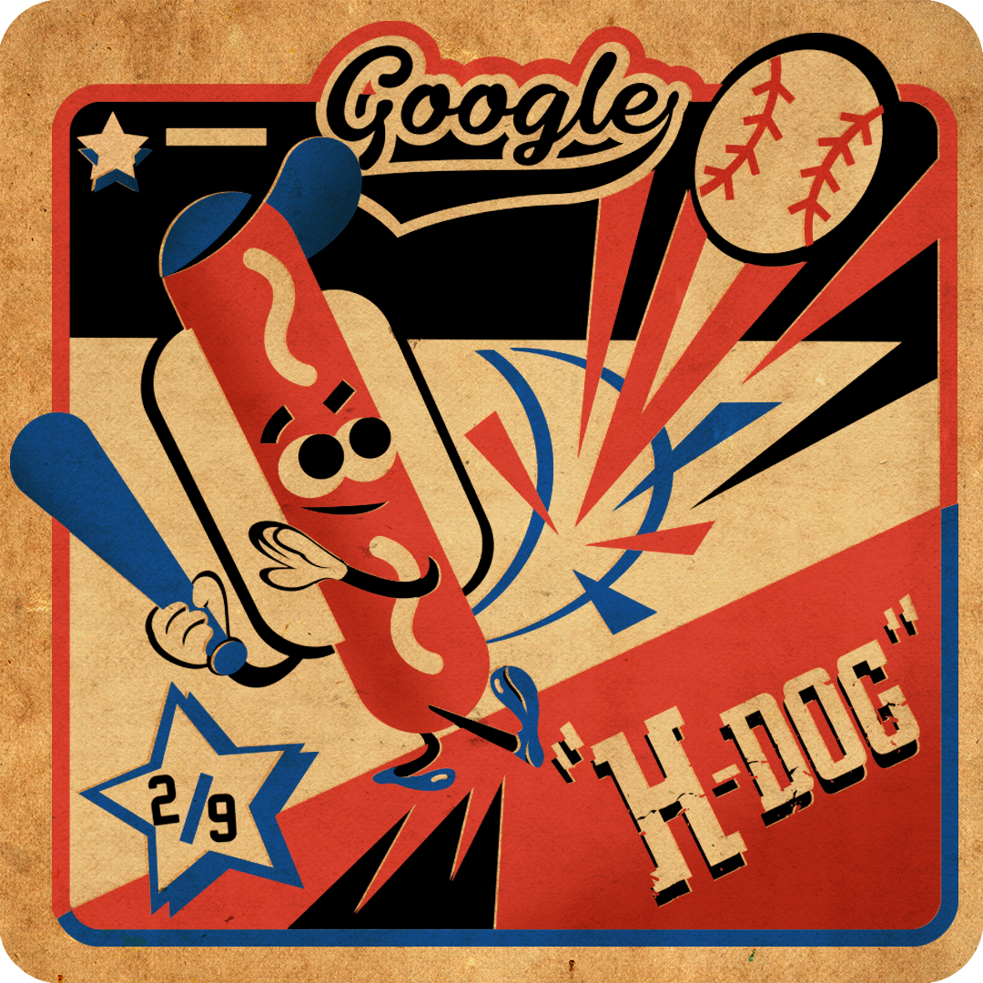 Illustration of a personified hot dog batting a baseball with the Google logo sitting overhead