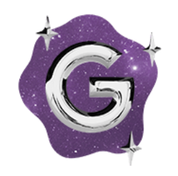 Illustration of the letter G in chrome with a purple background and stars