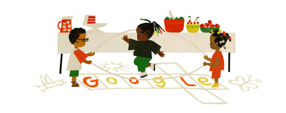 Colorful animated illustration of three kids playing jump rope. There is a table behind them with cake, fruits, a salad and a pitcher. Google letters are illustrated onto the ground of the illustration in the squares of a hopscotch drawing.