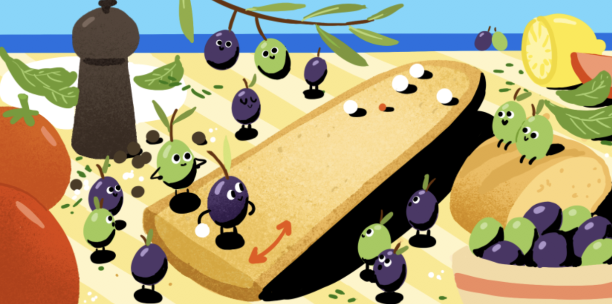 A large gathering of personified purple and green olives are playing Pétanque on a beach with the sea visible in the background. Larger-than-life colorful fruits and vegetables surround the players as they throw white boules towards the red target boule.