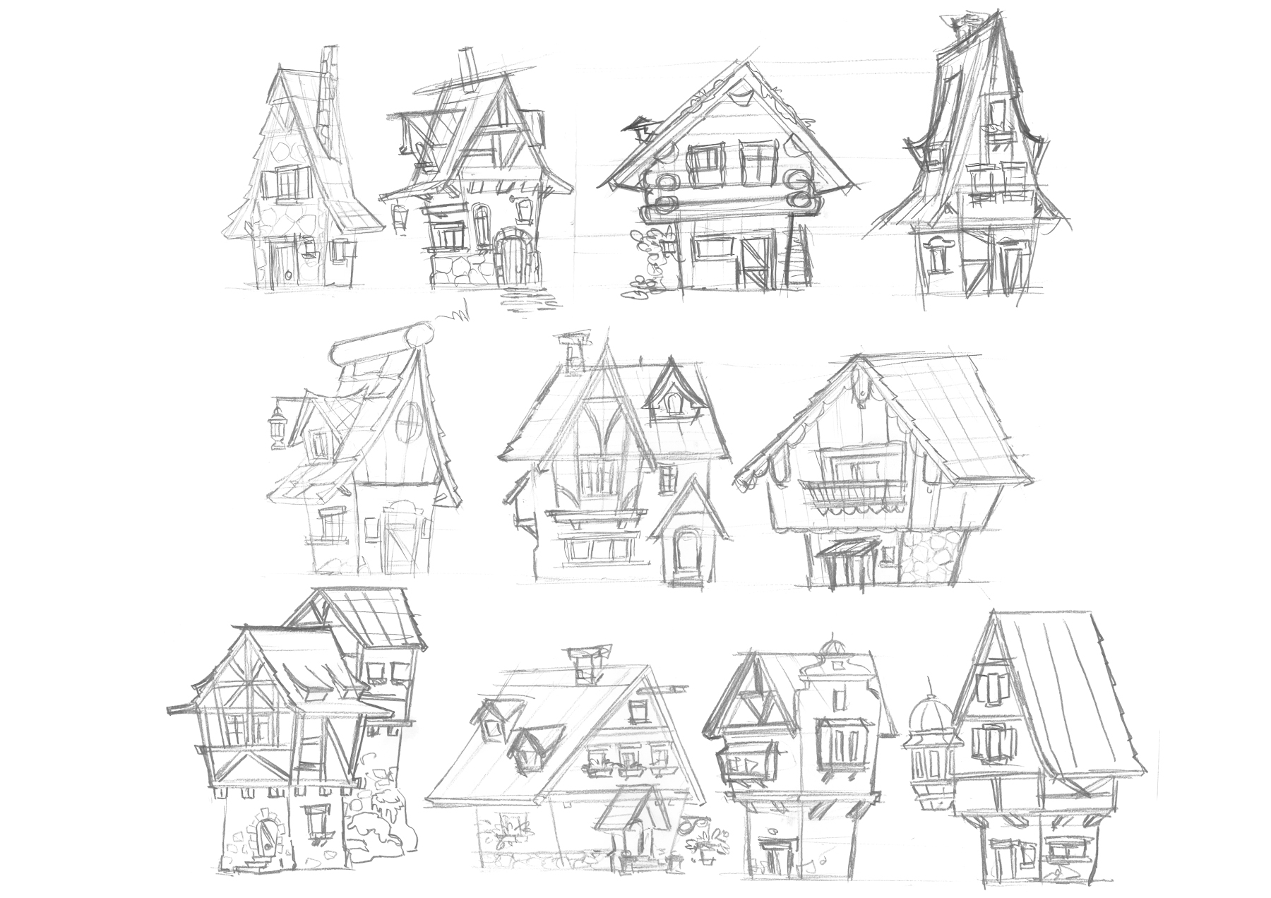 Black and white sketches of various german houses