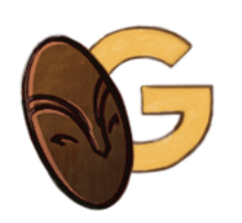 Illustration of the letter G with a brown mask beside it.