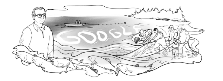 Pencil sketch of the Doodle with Hank Adams to the left of Doodle with a school of fish swimming beneath him. There is a body of water next to him with the Google letters incorporated into the water and a group of people pulling a boat. 