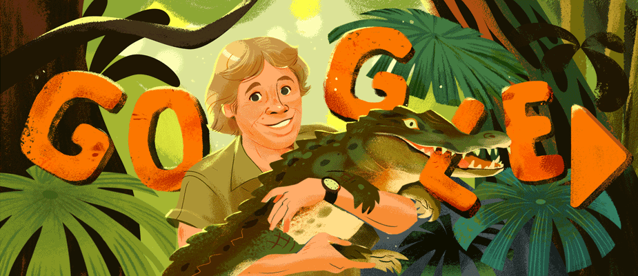 Illustration of Steve Irwin holding an alligator with the Google letters behind him. The alligator has the L in it's mouth. A play button sits on the far right.