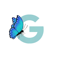The letter G with a blue butterfly